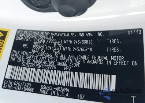 2019 Toyota Highlander Le Plus from USA, damaged, VIN 5TDZZRFH9KS332226